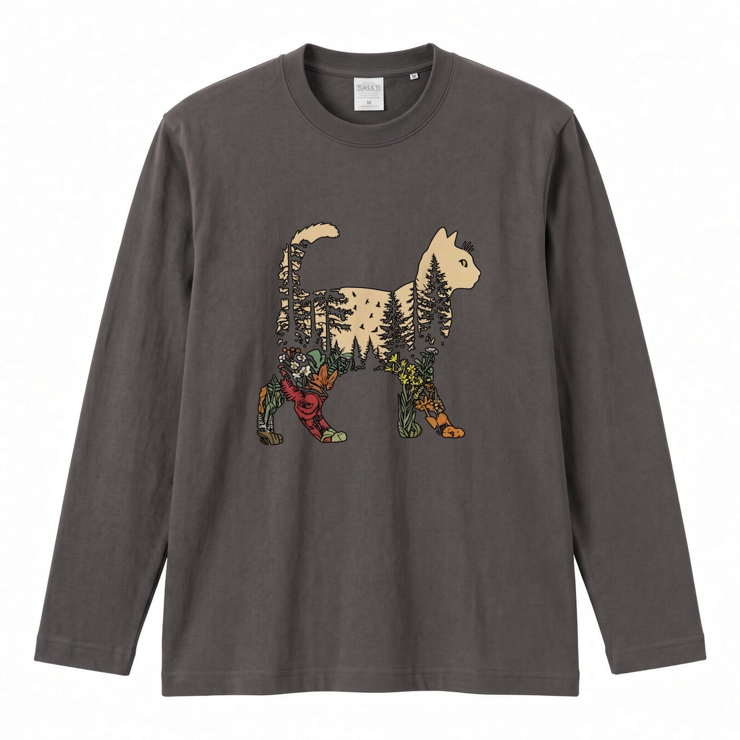 FOREST CAT ロンT | レトロ ボタニカルキャット アートグラフィック 長袖 カジュアル Tシャツ【猫ファッション・普段着・ルームウェア・ユニセックス・ギフトに最適】