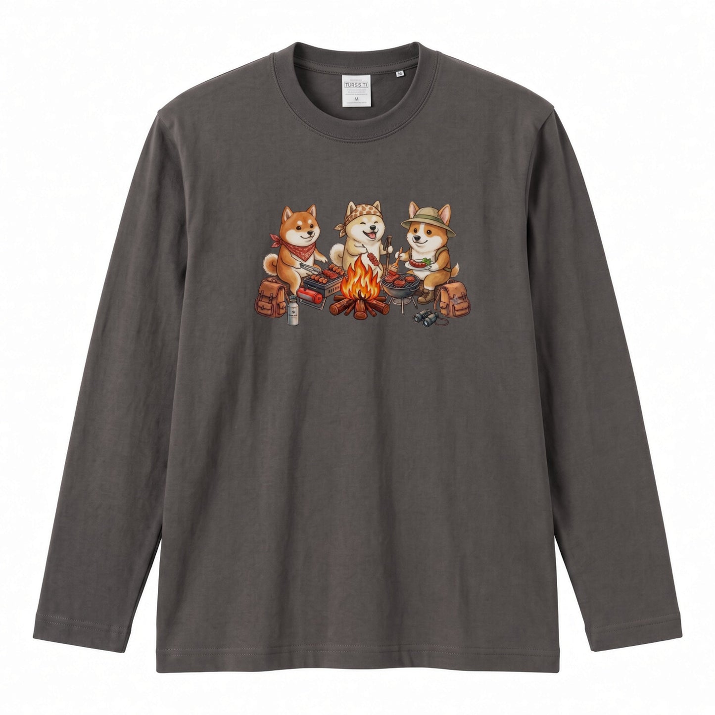 柴犬たちの焚き火BBQ 長袖Tシャツ