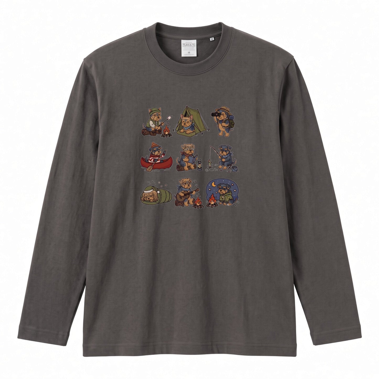 YORKIE CAMP | 手描き風 ヨーキー キャンプギア かわいい グラフィック 長袖Tシャツ【犬雑貨・秋キャンプ・ルームウェア・ギフトに最適】