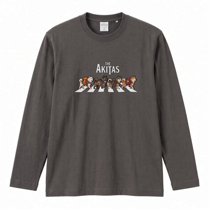 THE AKITAS | 秋田犬 横断歩道 バンド風 ロンT 長袖Tシャツ 日本犬 犬好き ロック【秋田犬グッズ・愛犬家・散歩・おもしろ・かわいい・誕生日ギフトに最適】