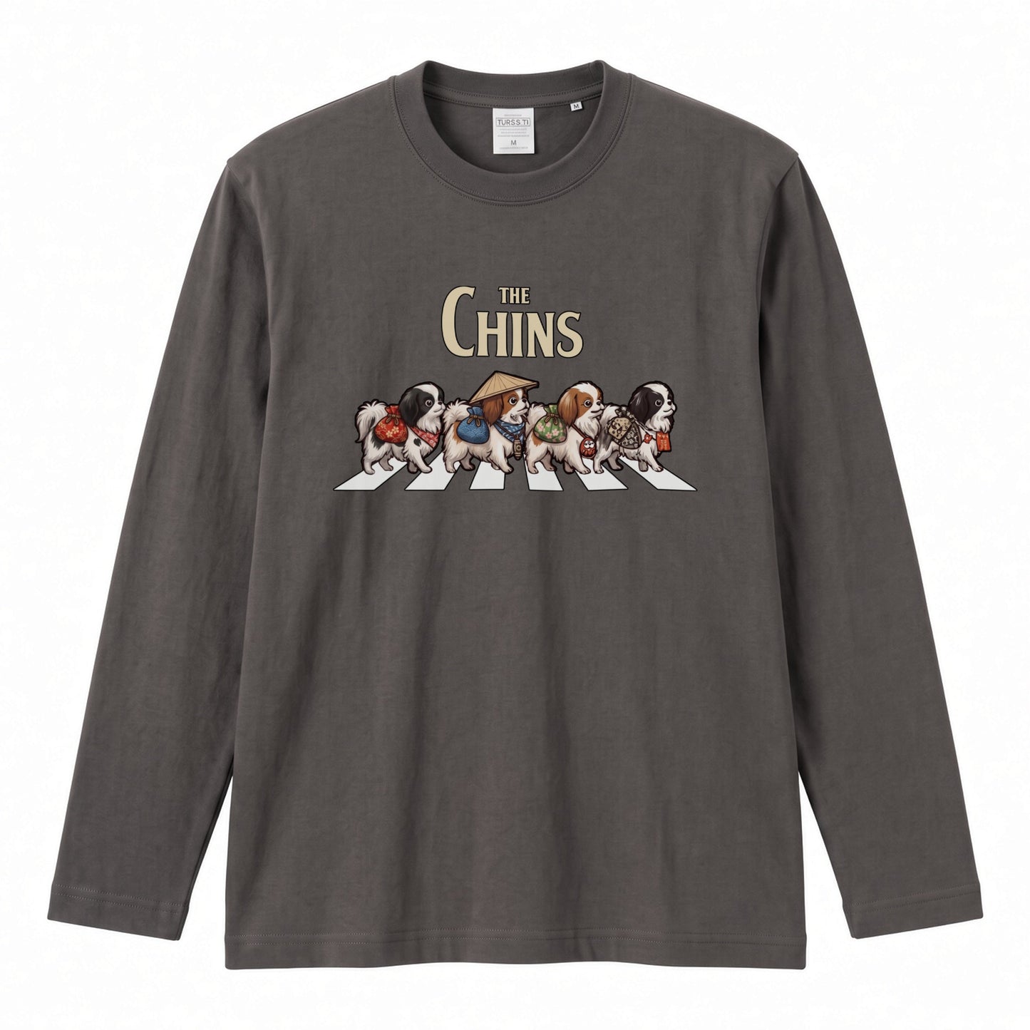 THE CHINS 狆（ちん）散歩デザイン ブラック長袖Tシャツ