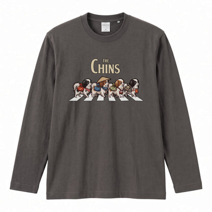 THE CHINS 狆（ちん）散歩デザイン ブラック長袖Tシャツ