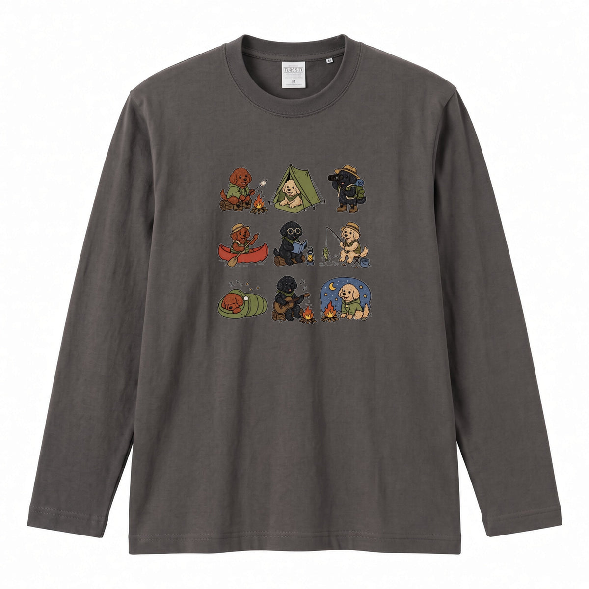 POODLE CAMP | 手描き風 トイプードル キャンプギア かわいい グラフィック 長袖Tシャツ【犬雑貨・秋キャンプ・ルームウェア・ギフトに最適】