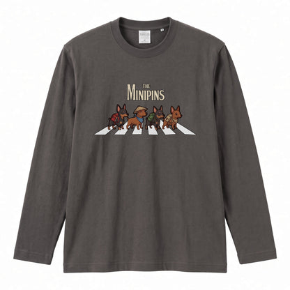 THE MINIPINS ミニチュアピンシャー散歩デザイン ブラック長袖Tシャツ
