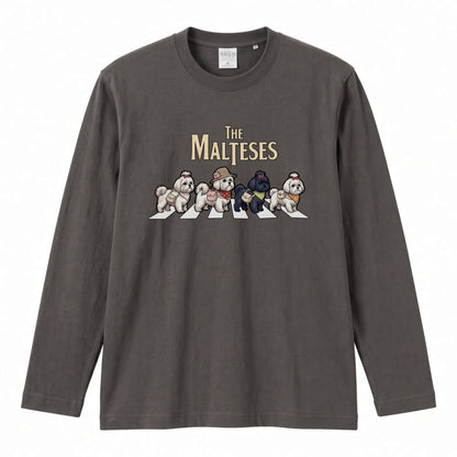 THE MALTESES マルチーズ散歩デザイン ブラック長袖Tシャツ