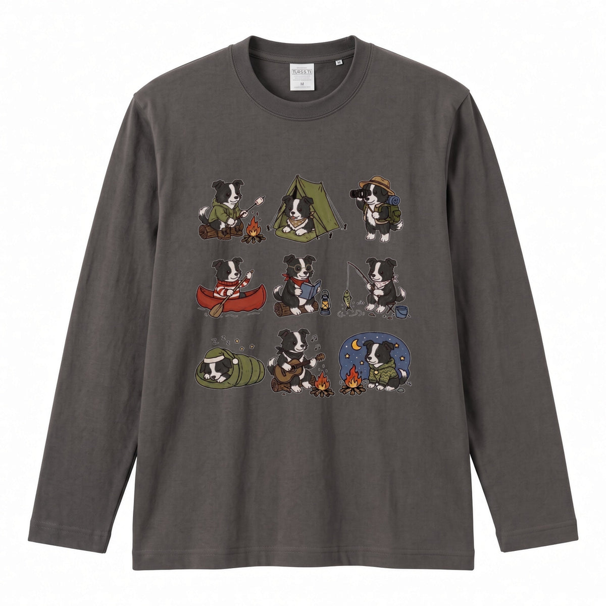BORDER COLLIE CAMP | 手描き風 ボーダーコリー キャンプギア かわいい グラフィック 長袖Tシャツ【犬雑貨・秋キャンプ・ルームウェア・ギフトに最適】