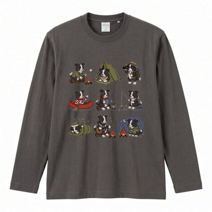 BORDER COLLIE CAMP | 手描き風 ボーダーコリー キャンプギア かわいい グラフィック 長袖Tシャツ【犬雑貨・秋キャンプ・ルームウェア・ギフトに最適】