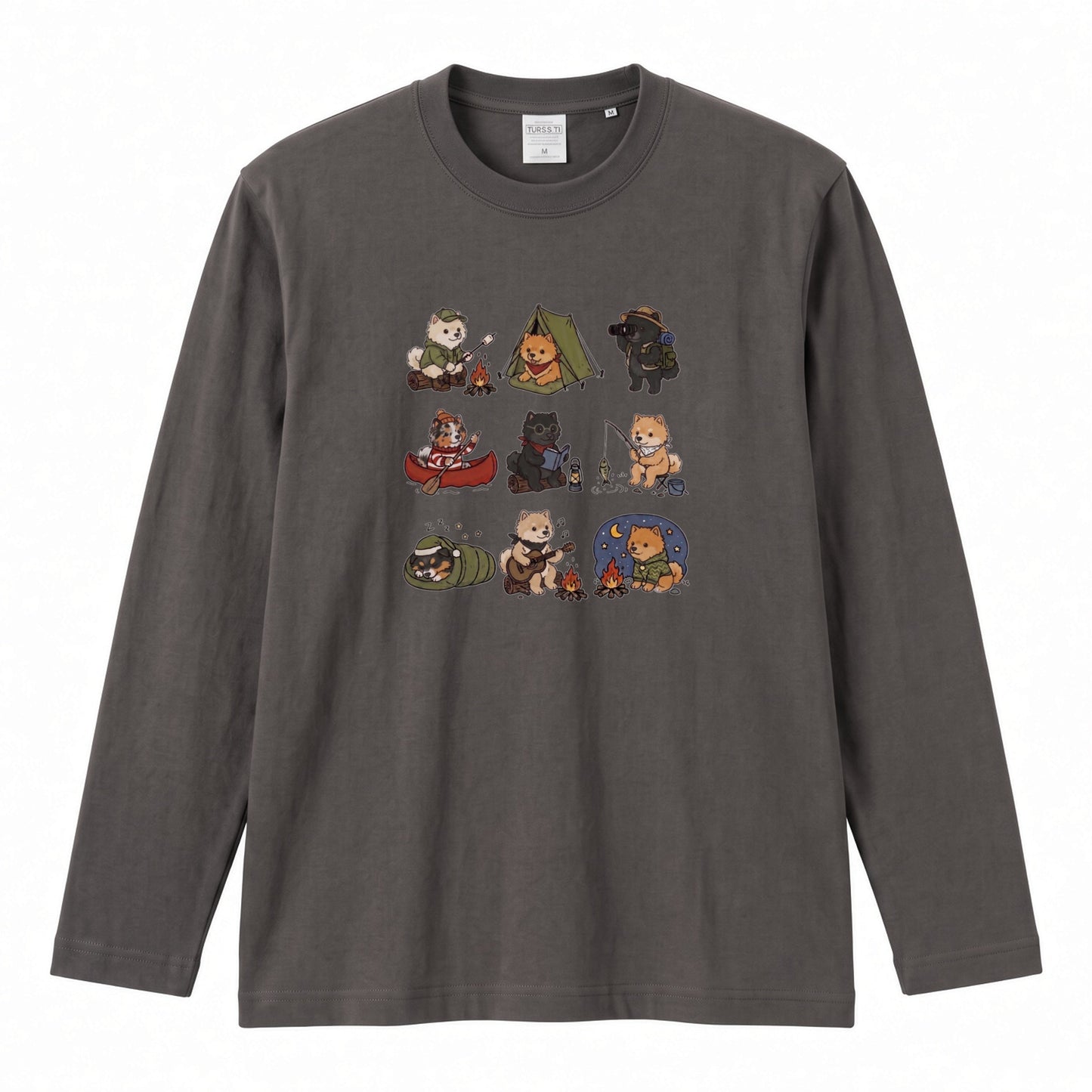 POMERANIAN CAMP | 手描き風 ポメラニアン キャンプギア かわいい グラフィック 長袖Tシャツ【犬雑貨・秋キャンプ・ルームウェア・ギフトに最適】