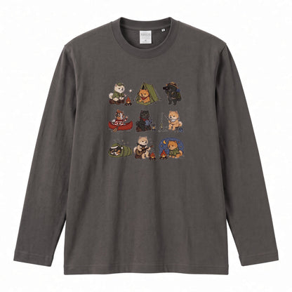 POMERANIAN CAMP | 手描き風 ポメラニアン キャンプギア かわいい グラフィック 長袖Tシャツ【犬雑貨・秋キャンプ・ルームウェア・ギフトに最適】