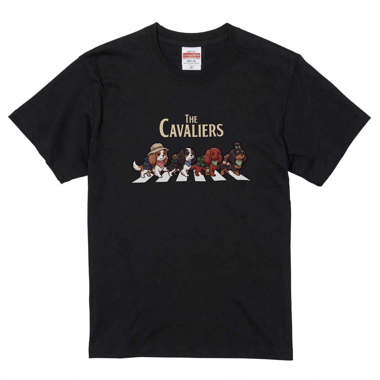 THE CAVALIERS 横断歩道 キャンプ ゆるかわ Tシャツ 【犬好き・愛犬家・アウトドア・ギフトに最適】