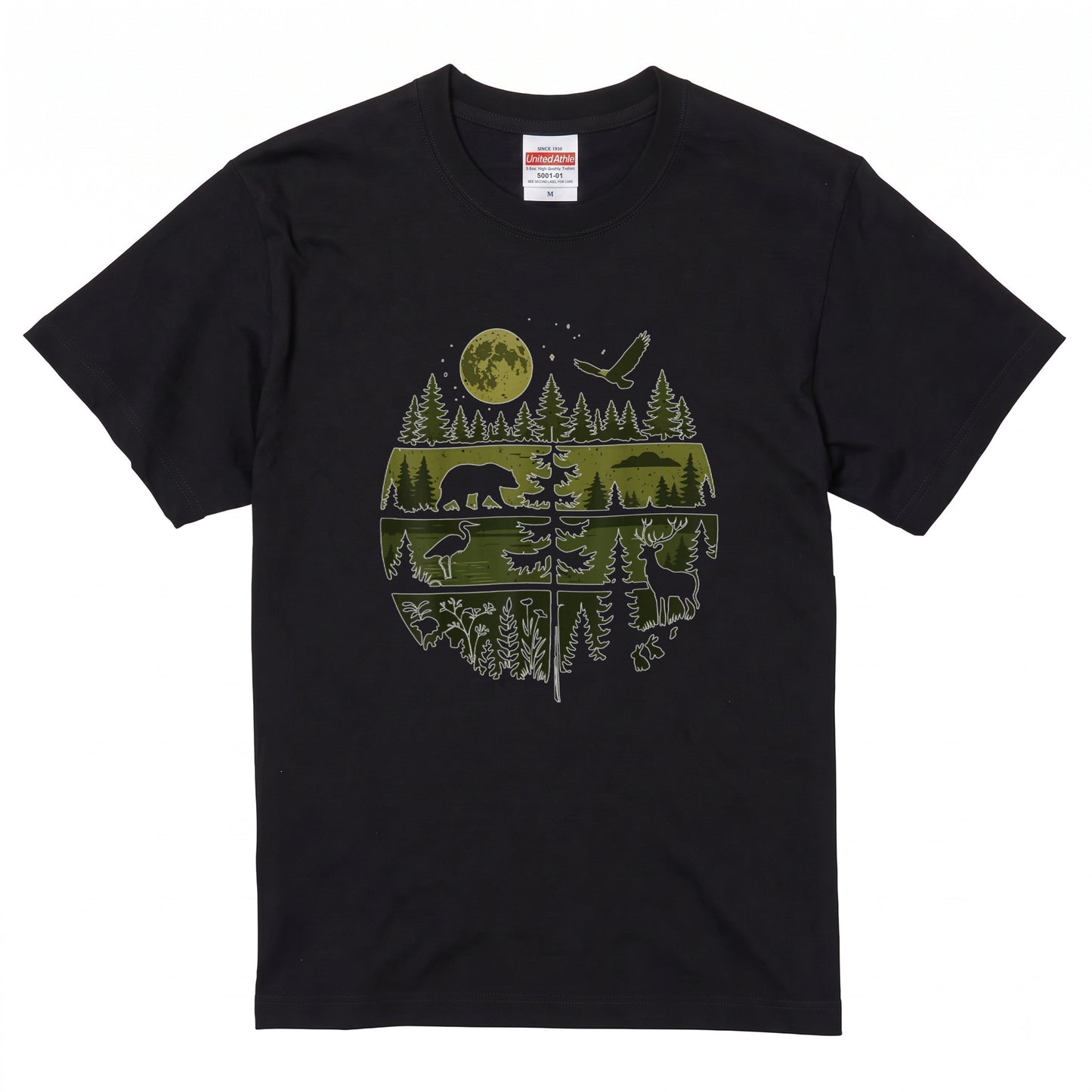 【Wildlife Forest Animals】月夜の森と野生動物 アート層グラフィック 白Tシャツ | CAMPMODE