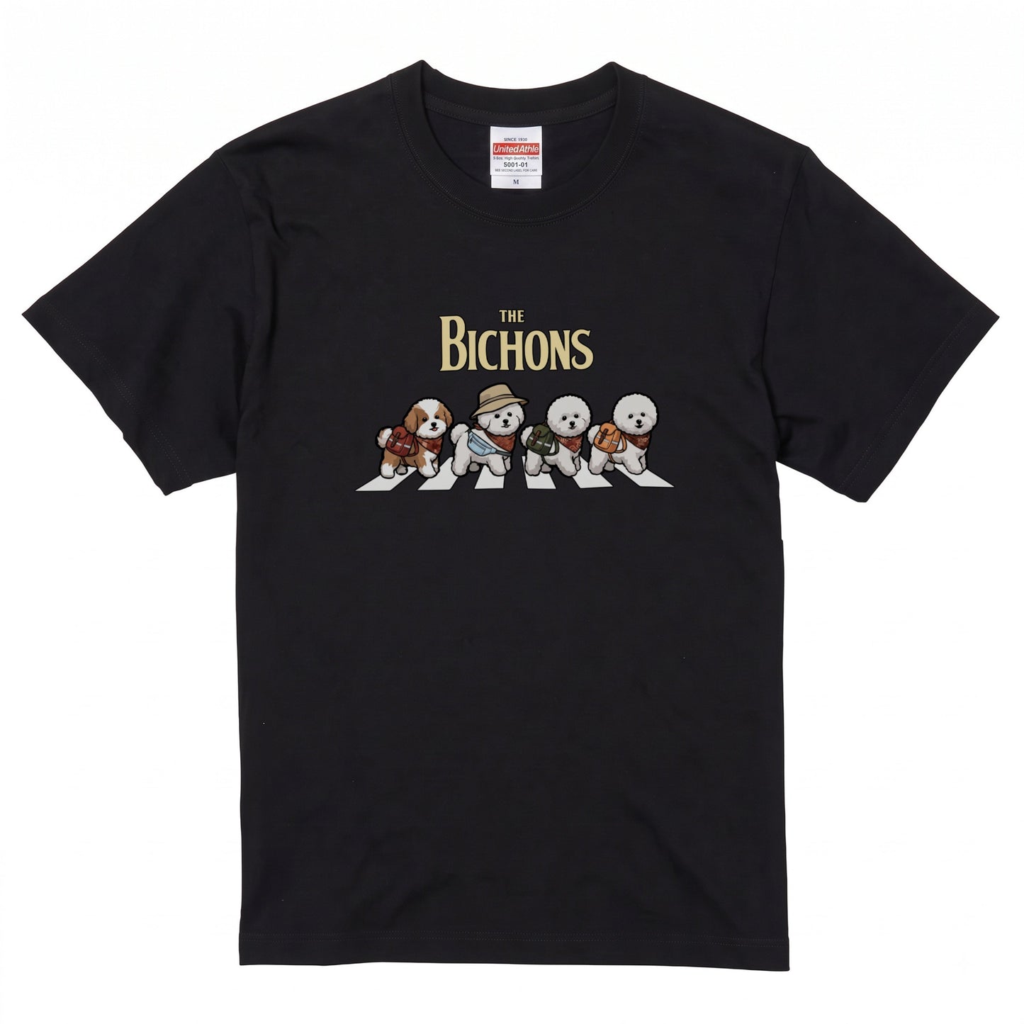 THE BICHONS 横断歩道 キャンプ ゆるかわ パロディTシャツ 【犬好き・愛犬家・アウトドア・ギフトに最適】