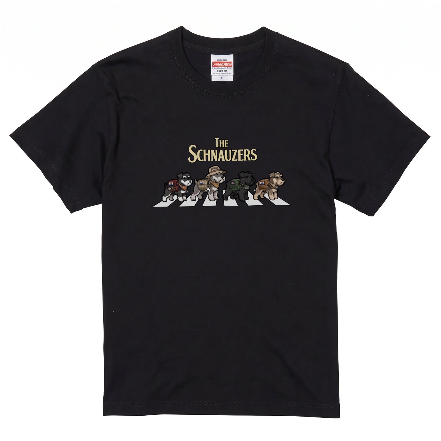 THE SCHNAUZERS 横断歩道 キャンプ ゆるかわ パロディTシャツ 【犬好き・愛犬家・アウトドア・ギフトに最適】