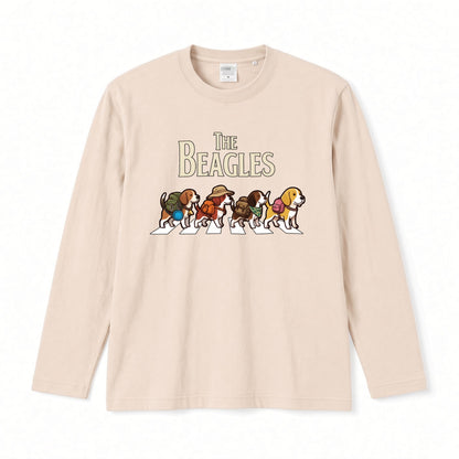 THE BEAGLES ビーグル犬散歩デザイン ホワイト長袖Tシャツ