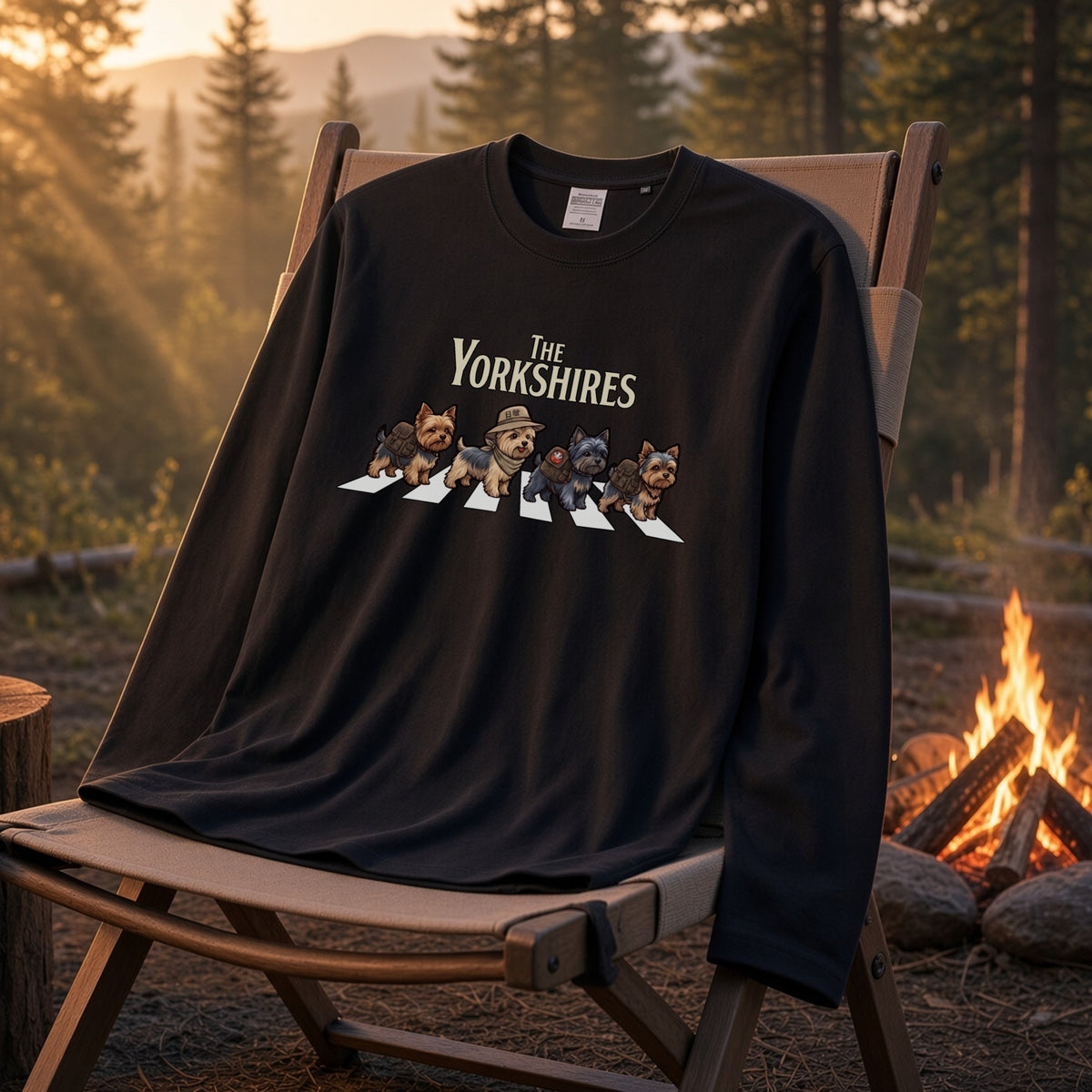 THE YORKSHIRES ヨークシャーテリア散歩デザイン ブラック長袖Tシャツ