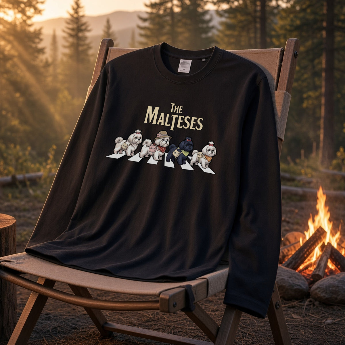 THE MALTESES マルチーズ散歩デザイン ブラック長袖Tシャツ