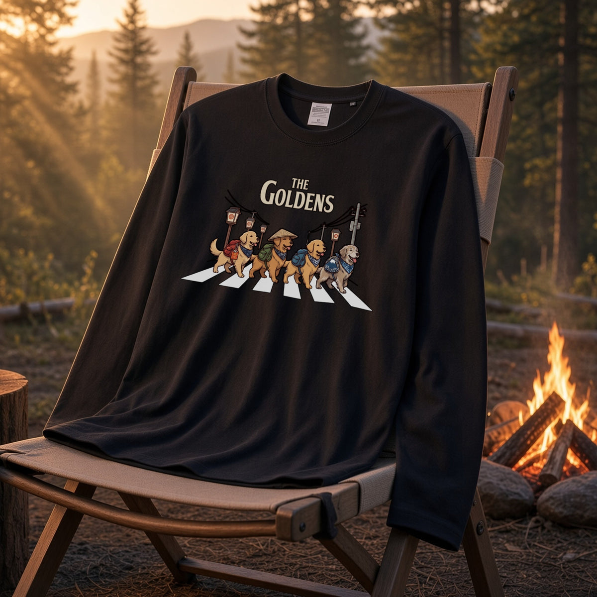 THE GOLDENS ゴールデンレトリバー散歩デザイン ブラック長袖Tシャツ