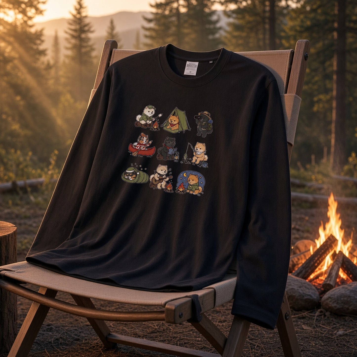 POMERANIAN CAMP | 手描き風 ポメラニアン キャンプギア かわいい グラフィック 長袖Tシャツ【犬雑貨・秋キャンプ・ルームウェア・ギフトに最適】