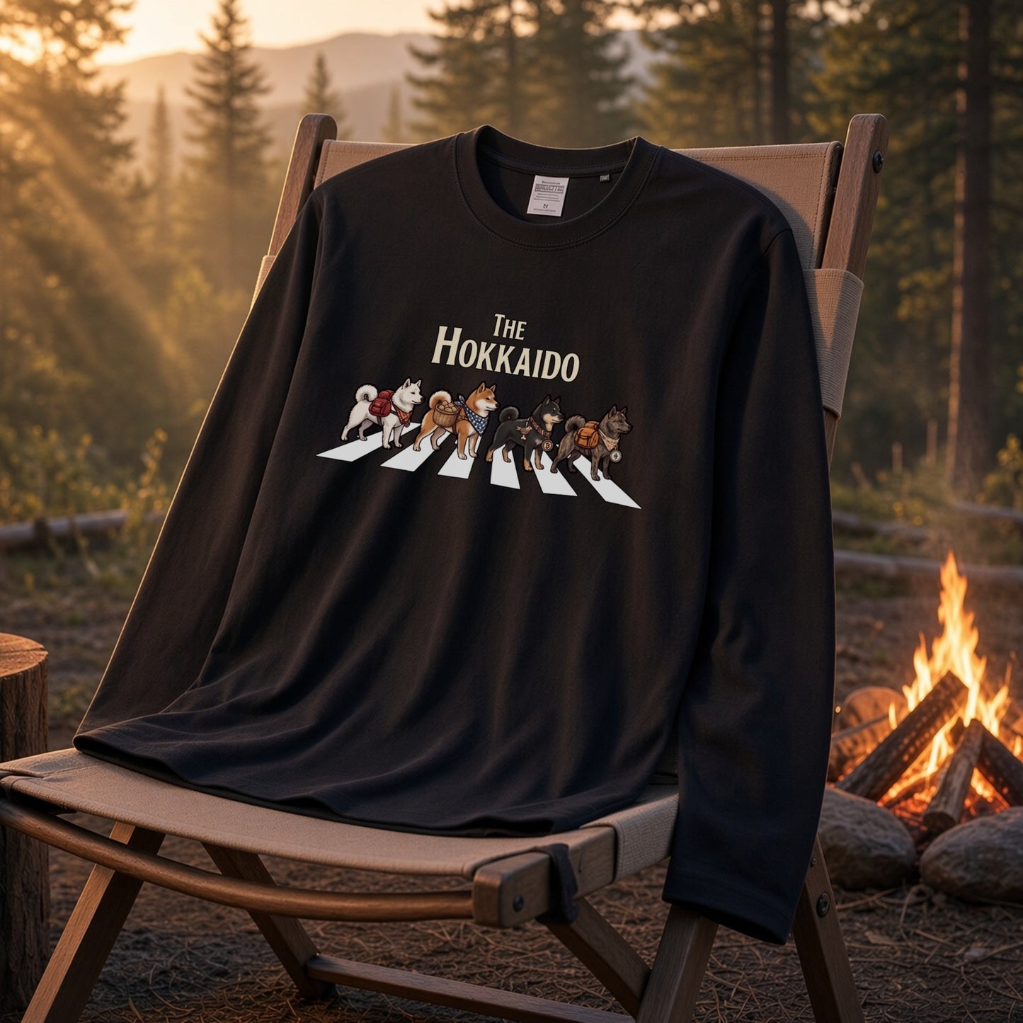 THE HOKKAIDO 北海道犬散歩デザイン ブラック長袖Tシャツ