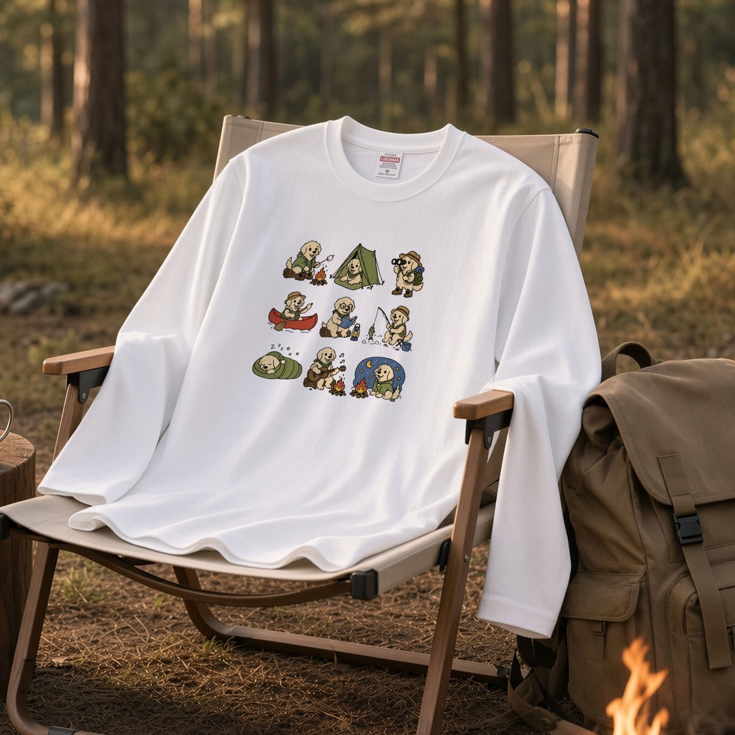 GOLDEN CAMP | 手描き風 ゴールデンレトリバー キャンプギア かわいい グラフィック 長袖Tシャツ【犬雑貨・秋キャンプ・ルームウェア・ギフトに最適】
