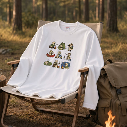 GOLDEN CAMP | 手描き風 ゴールデンレトリバー キャンプギア かわいい グラフィック 長袖Tシャツ【犬雑貨・秋キャンプ・ルームウェア・ギフトに最適】