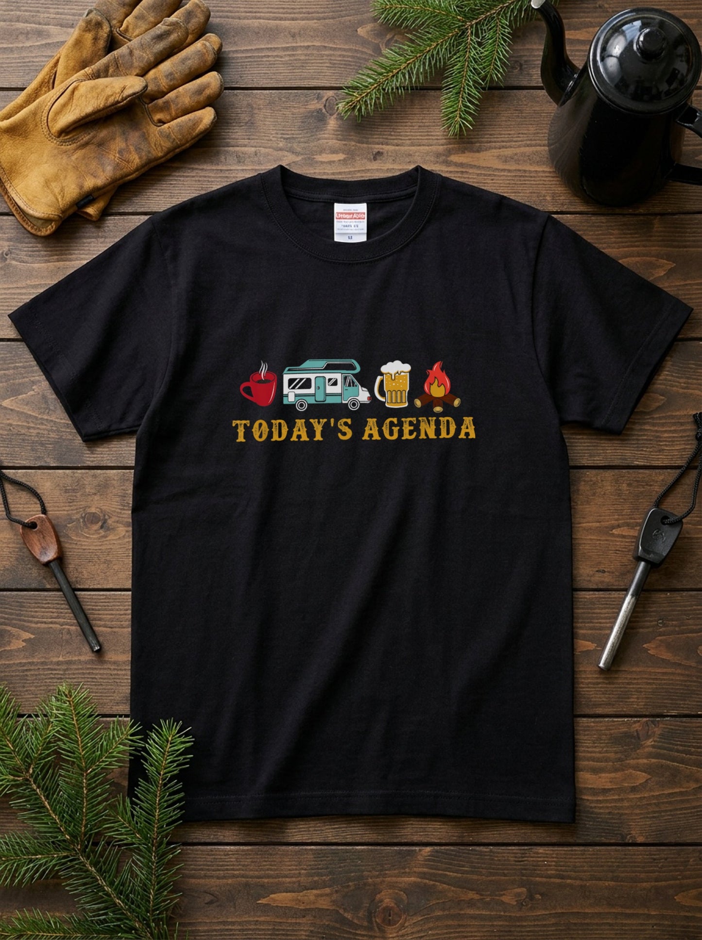 「TODAY'S AGENDA」キャンピングカー 焚き火 Tシャツ - キャンプ 服 | CAMPMODE