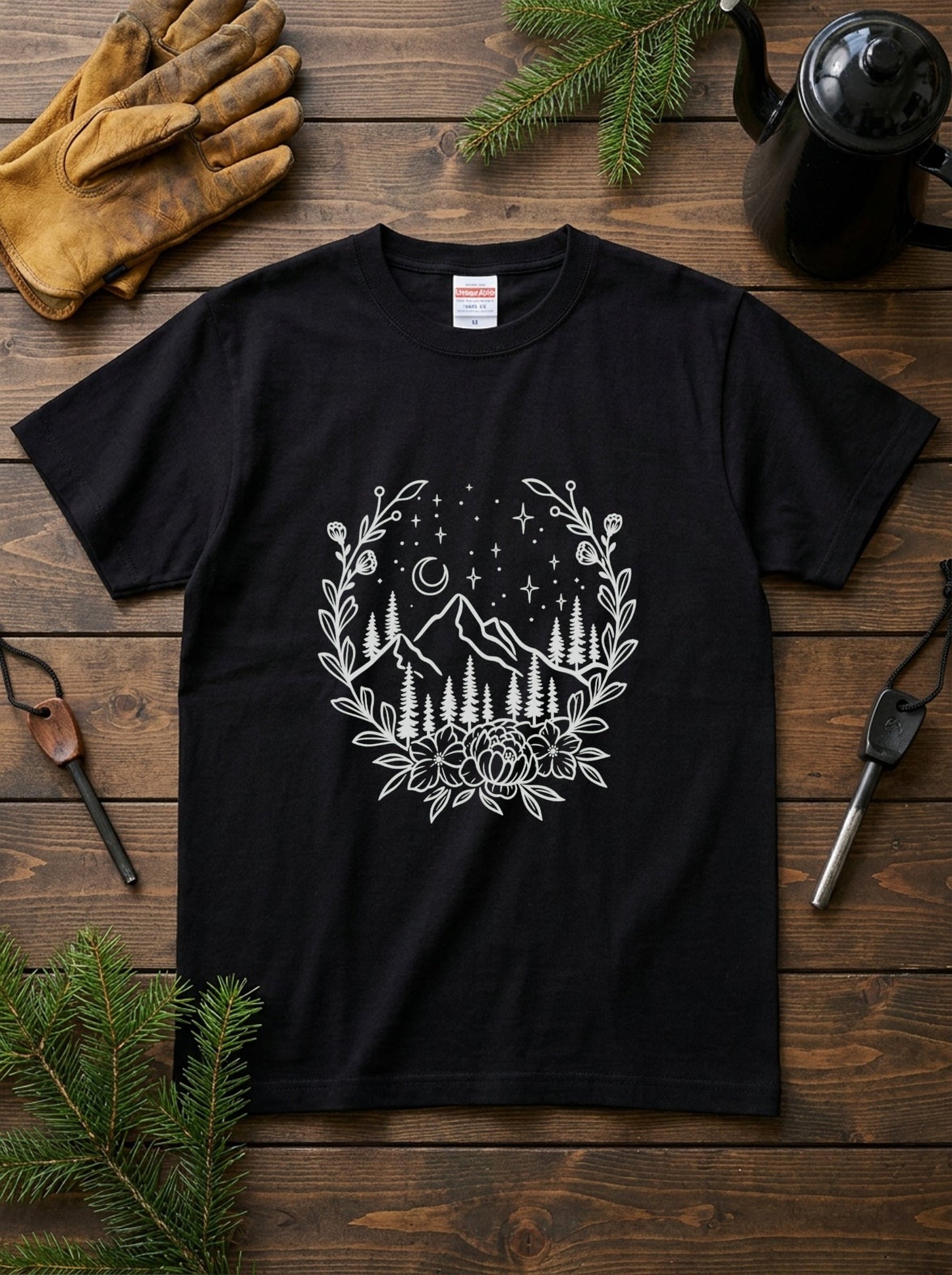 ミニマリスト 夜の山脈 グラフィックTシャツ - ボヘミアン 花柄 ナチュラルテイスト アウトドア レディース