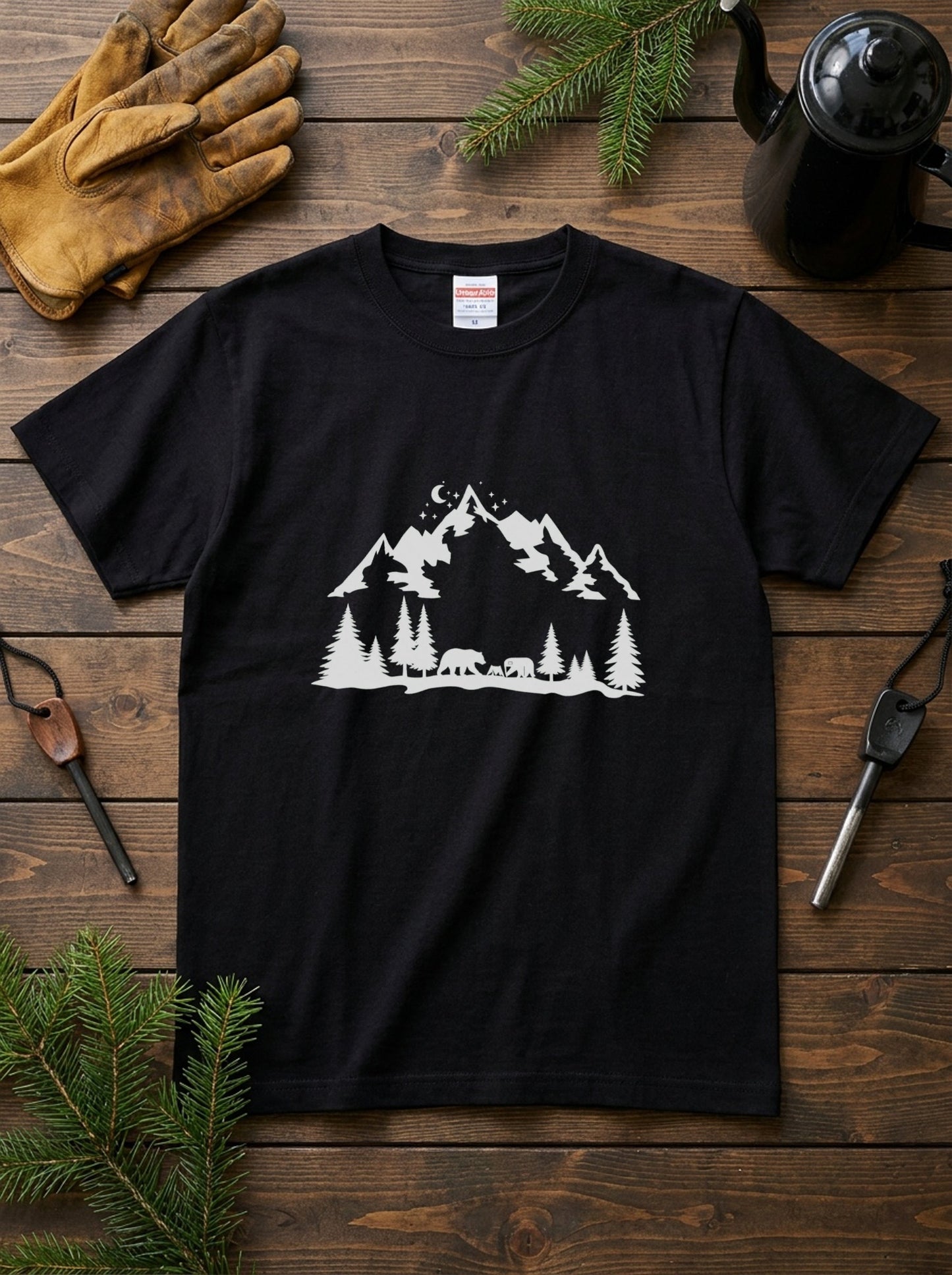 熊の親子 キャンプ Tシャツ - 山脈 森林 夜空 月空 イラスト シルエット アウトドア 登山 服