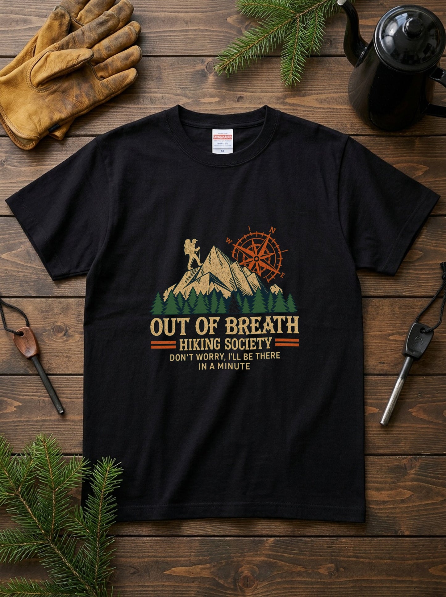 「Out of breath hiking society」おもしろ Tシャツ - 面白い ハイキング 登山 キャンプ グラフィックTシャツ