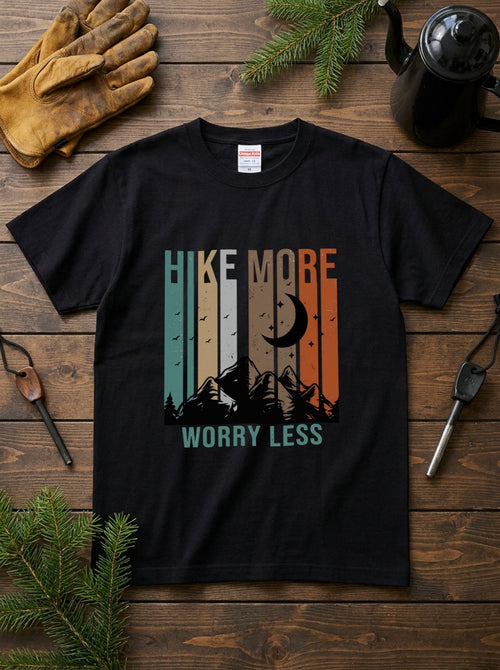 Hike More Worry Less Retro Striped Mountain T-Shirt