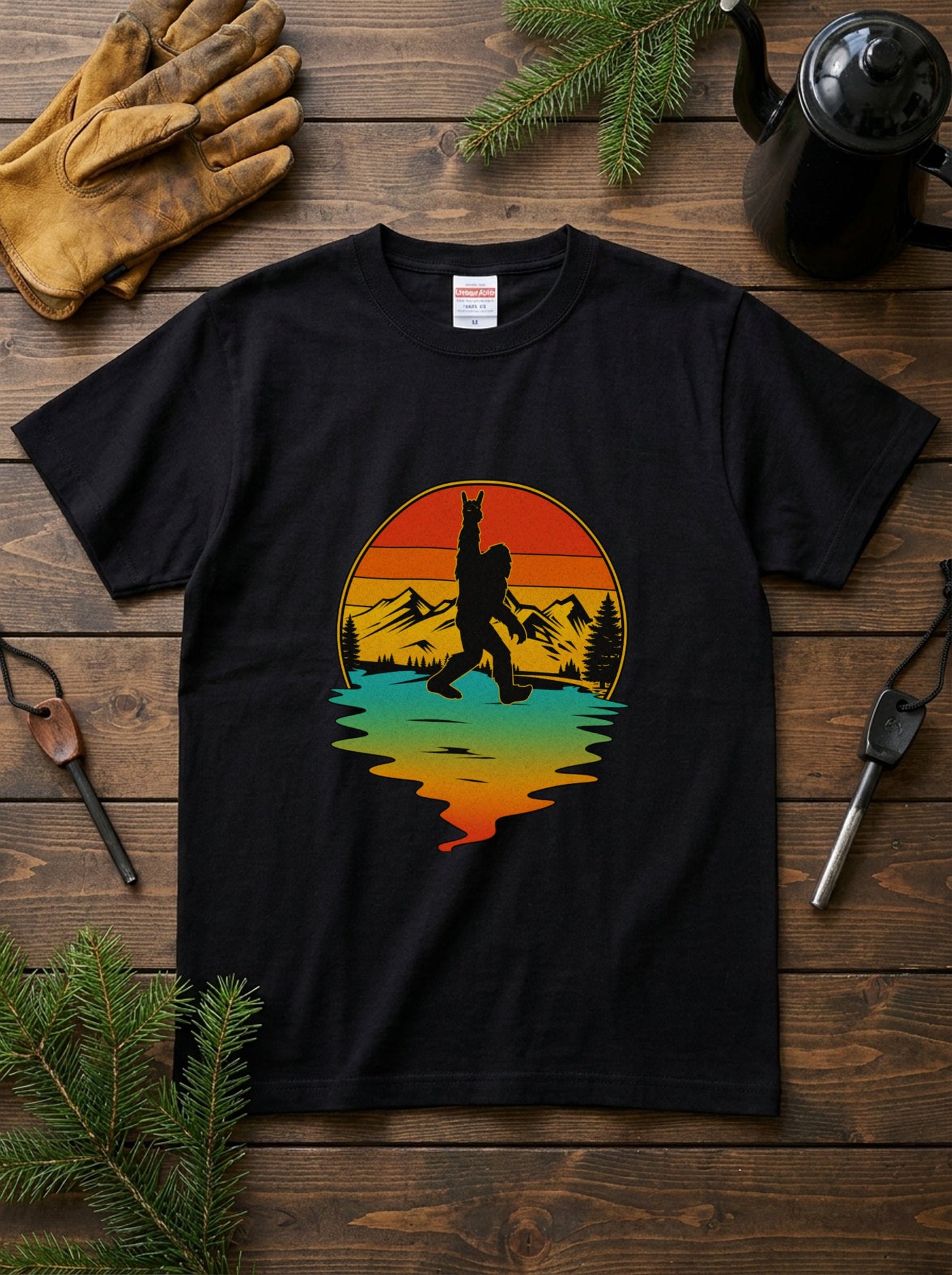 ビッグフットTシャツ｜ロックンロールTシャツ｜ビッグフットと夕日｜キャンプTシャツ
