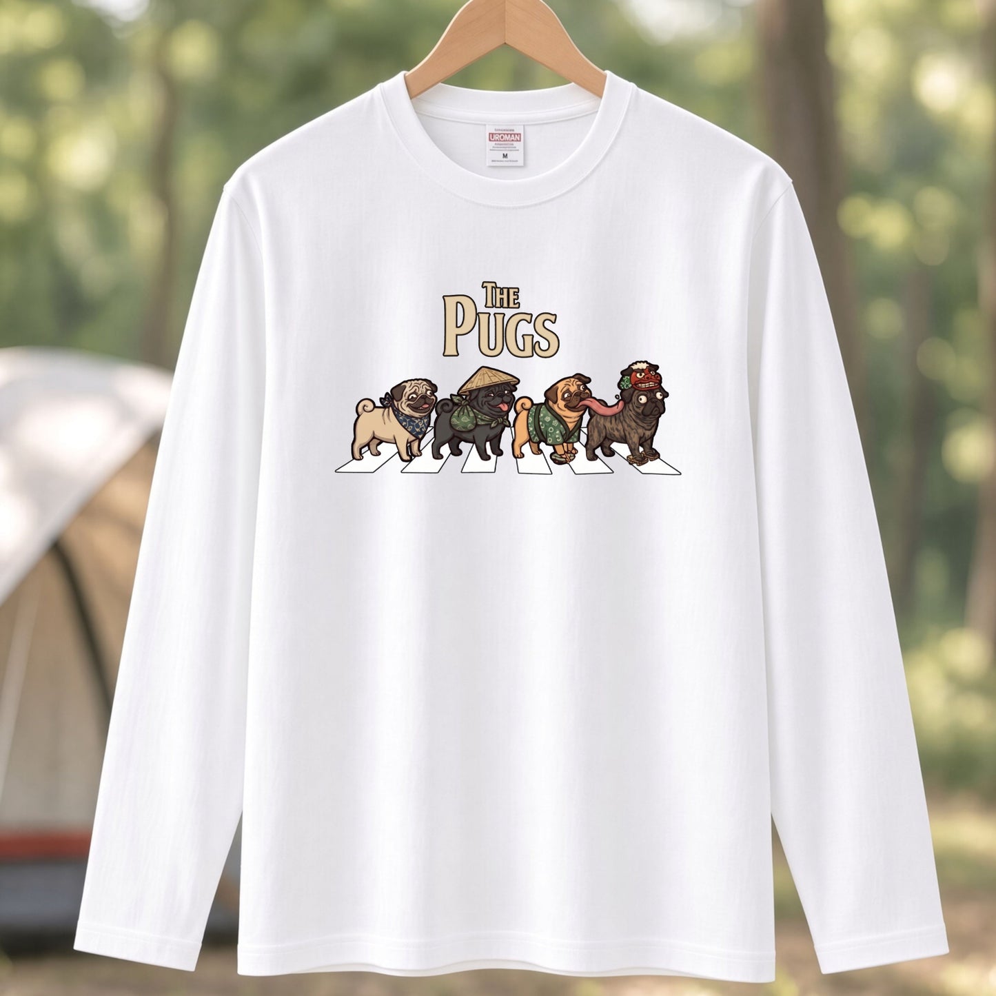 THE PUGS パグ散歩デザイン ブラック長袖Tシャツ