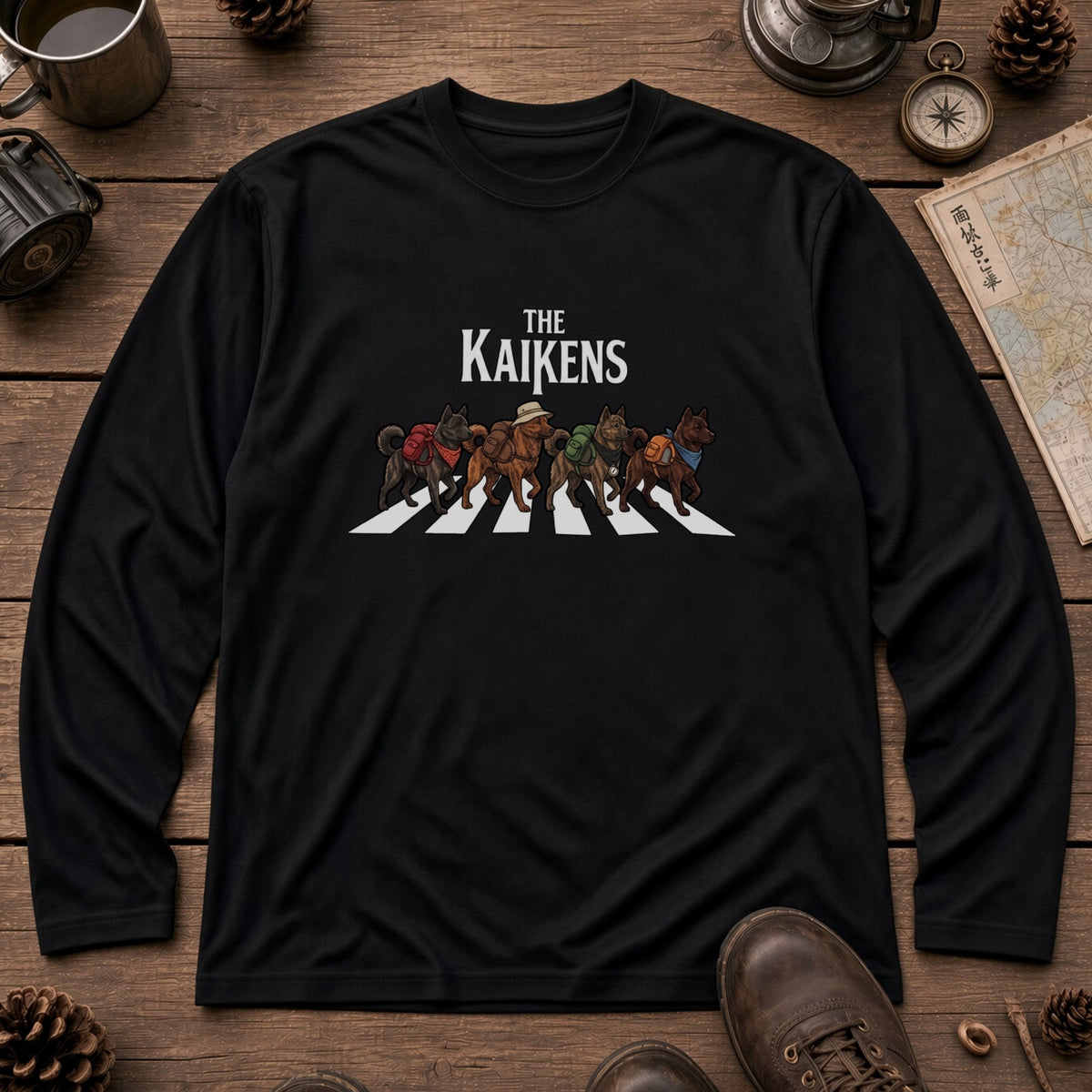 THE KAIKENS 甲斐犬散歩デザイン ブラック長袖Tシャツ