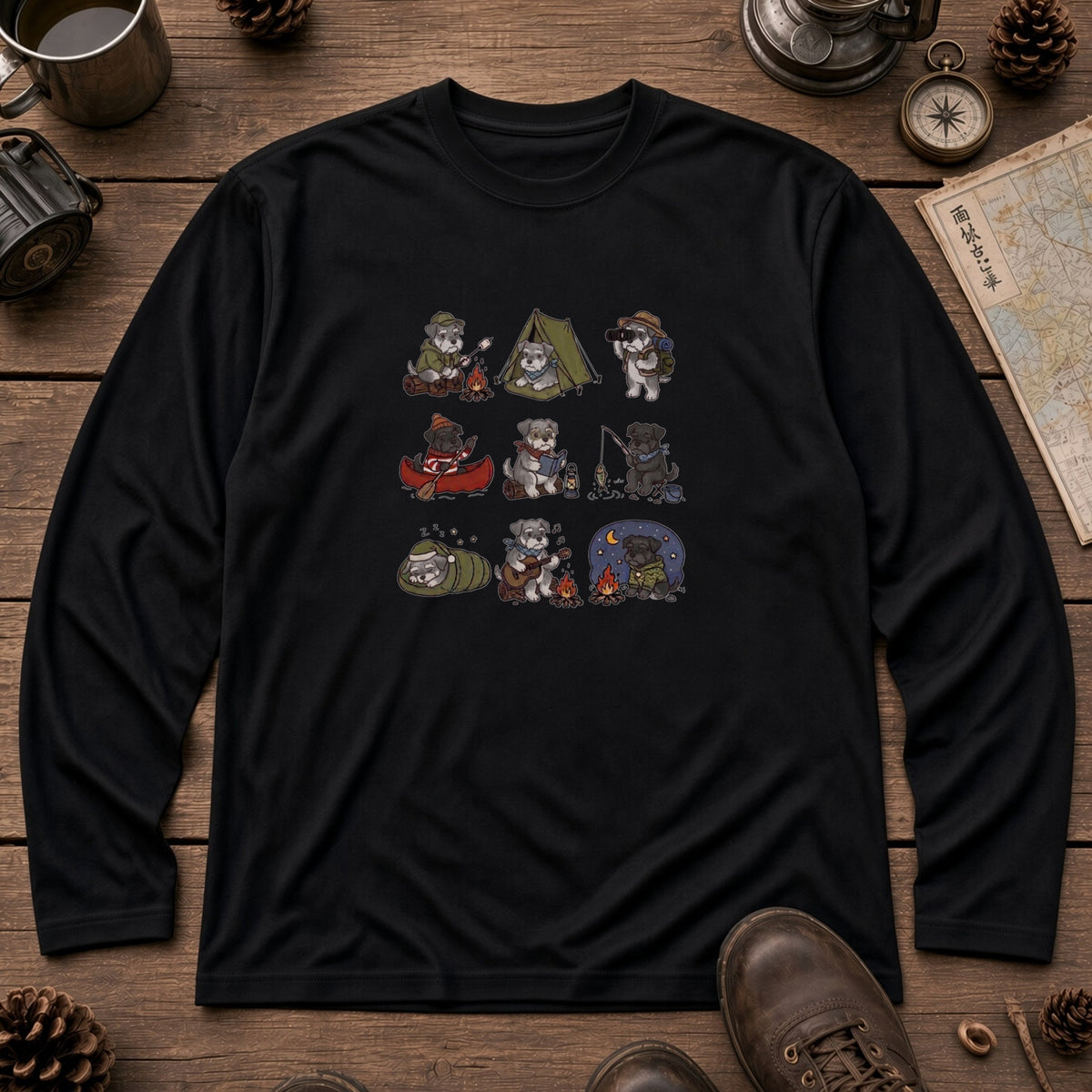SCHNAUZER CAMP | 手描き風 シュナウザー キャンプギア かわいい グラフィック 長袖Tシャツ【犬雑貨・秋キャンプ・ルームウェア・ギフトに最適】