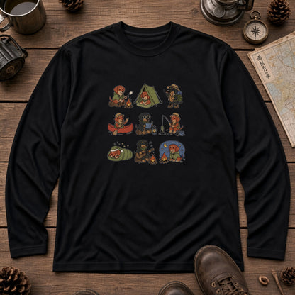 DACHSHUND CAMP | 手描き風 ミニチュアダックス キャンプギア かわいい グラフィック 長袖Tシャツ【犬雑貨・秋キャンプ・ルームウェア・ギフトに最適】