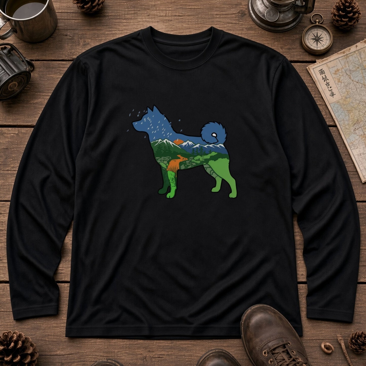 NATURE DOG ロンT | 日本犬シルエット 山と森 アートグラフィック 長袖 カジュアル Tシャツ【ドッグウェア・普段着・ルームウェア・ユニセックス・ギフトに最適】
