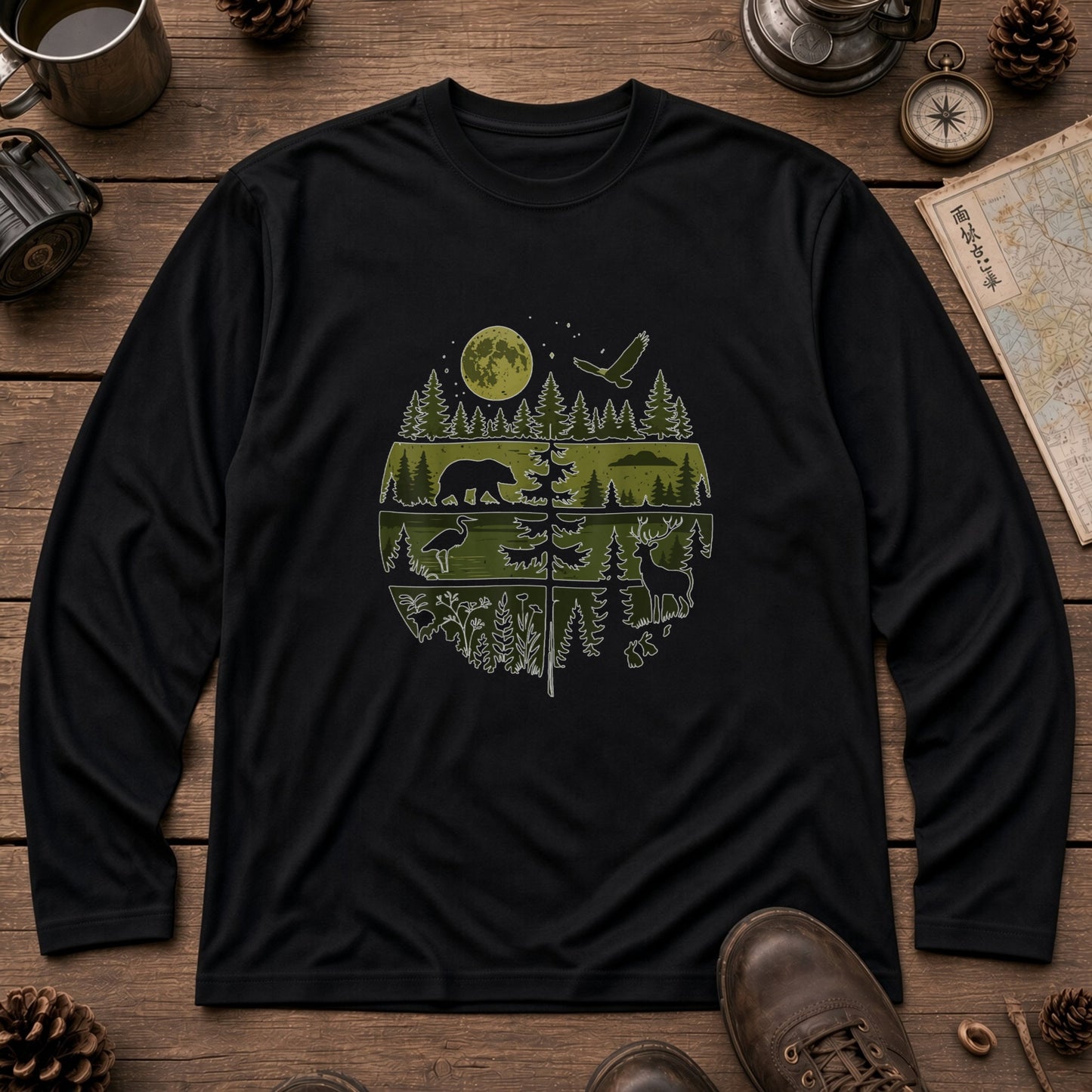 WILDLIFE FOREST ロンT | レトロ サークルグラフィック 森林浴 長袖 カジュアル Tシャツ【アウトドアファッション・普段着・ルームウェア・ユニセックス・ギフトに最適】
