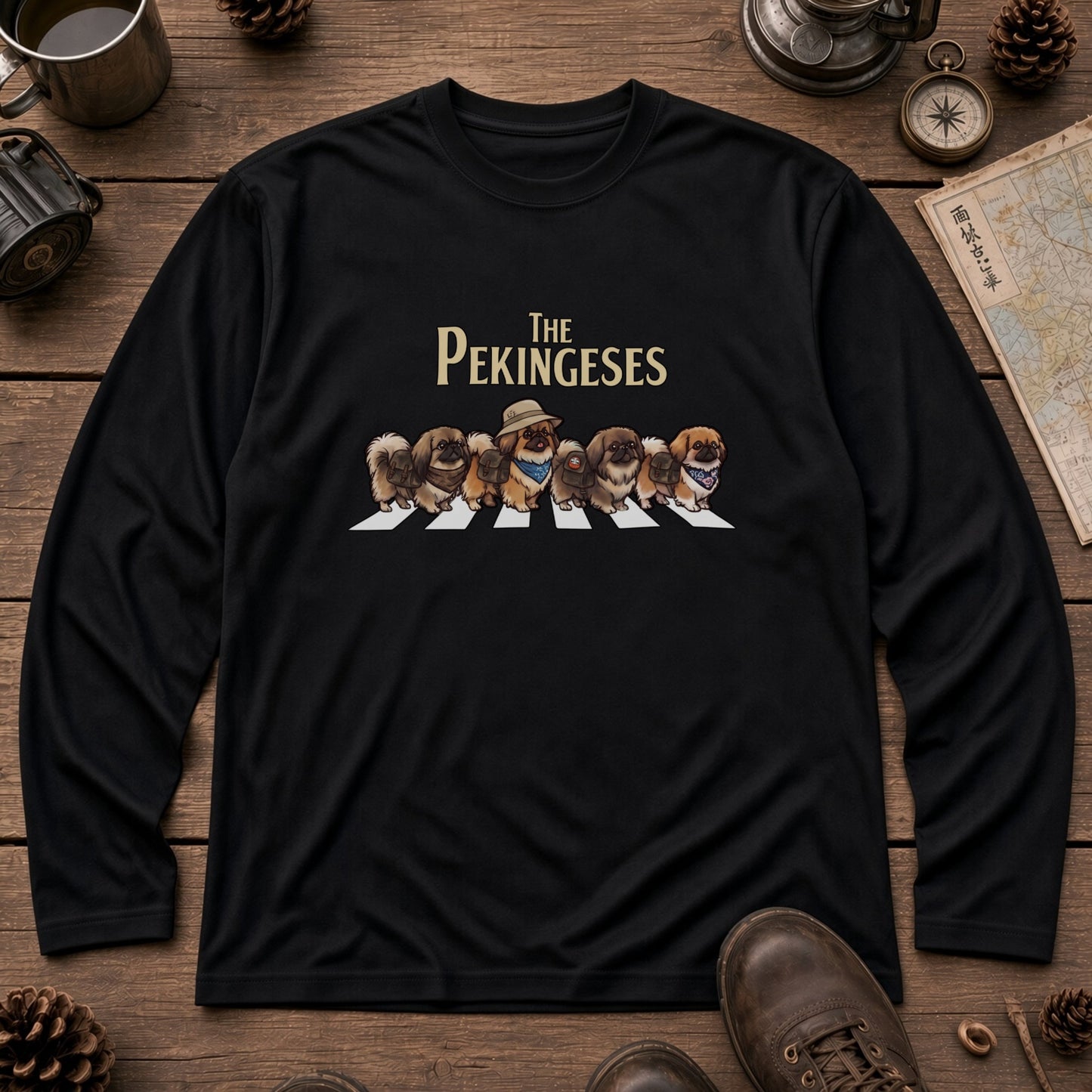 THE PEKINGESES ペキニーズ散歩デザイン ブラック長袖Tシャツ