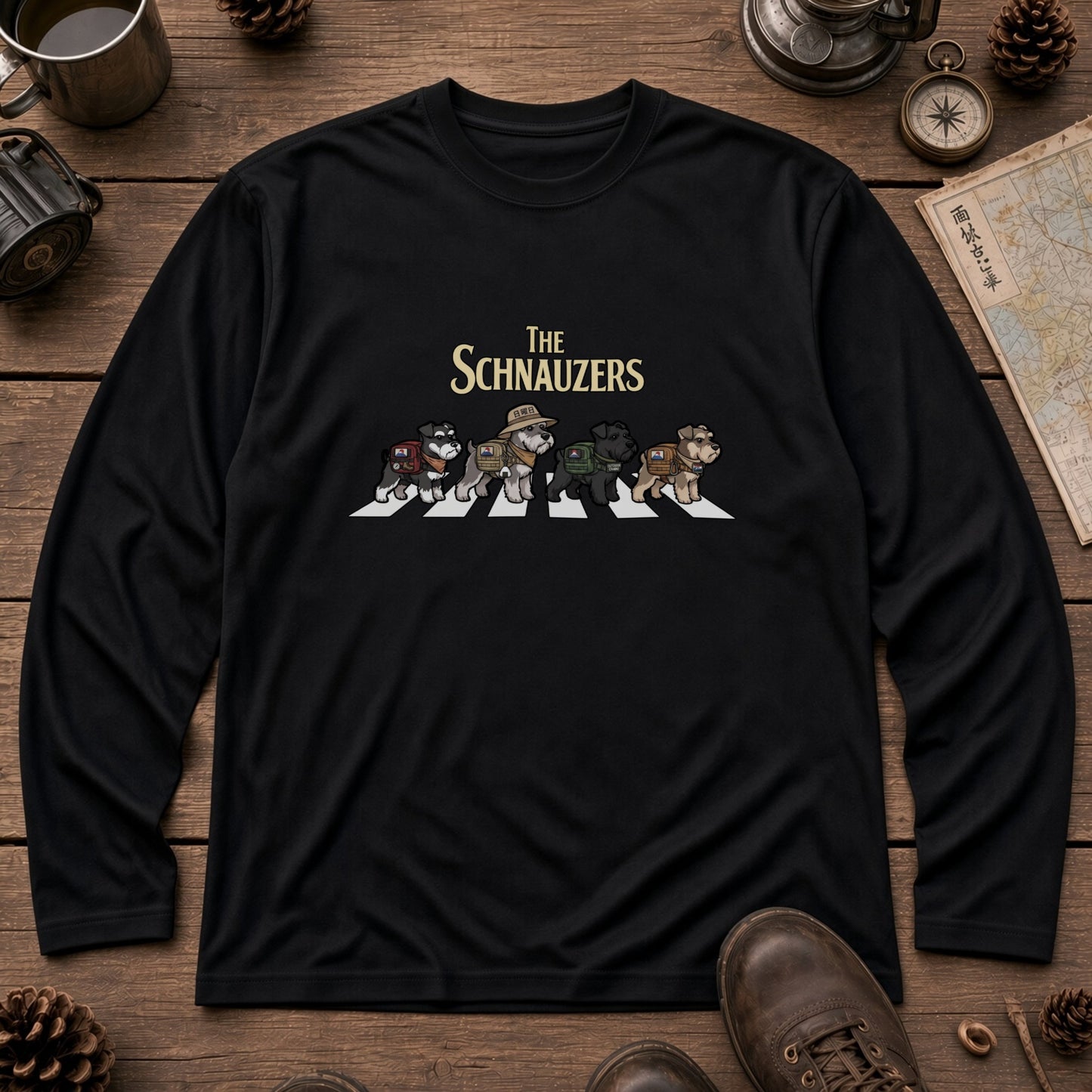 THE SCHNAUZERS ミニチュアシュナウザー散歩デザイン ブラック長袖Tシャツ
