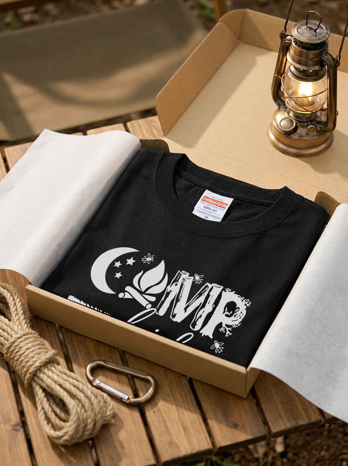 ボタニカル 「CAMP life」 キャンプ Tシャツ - フェザー（羽） 三日月 焚き火 イラストTシャツ アウトドア 服