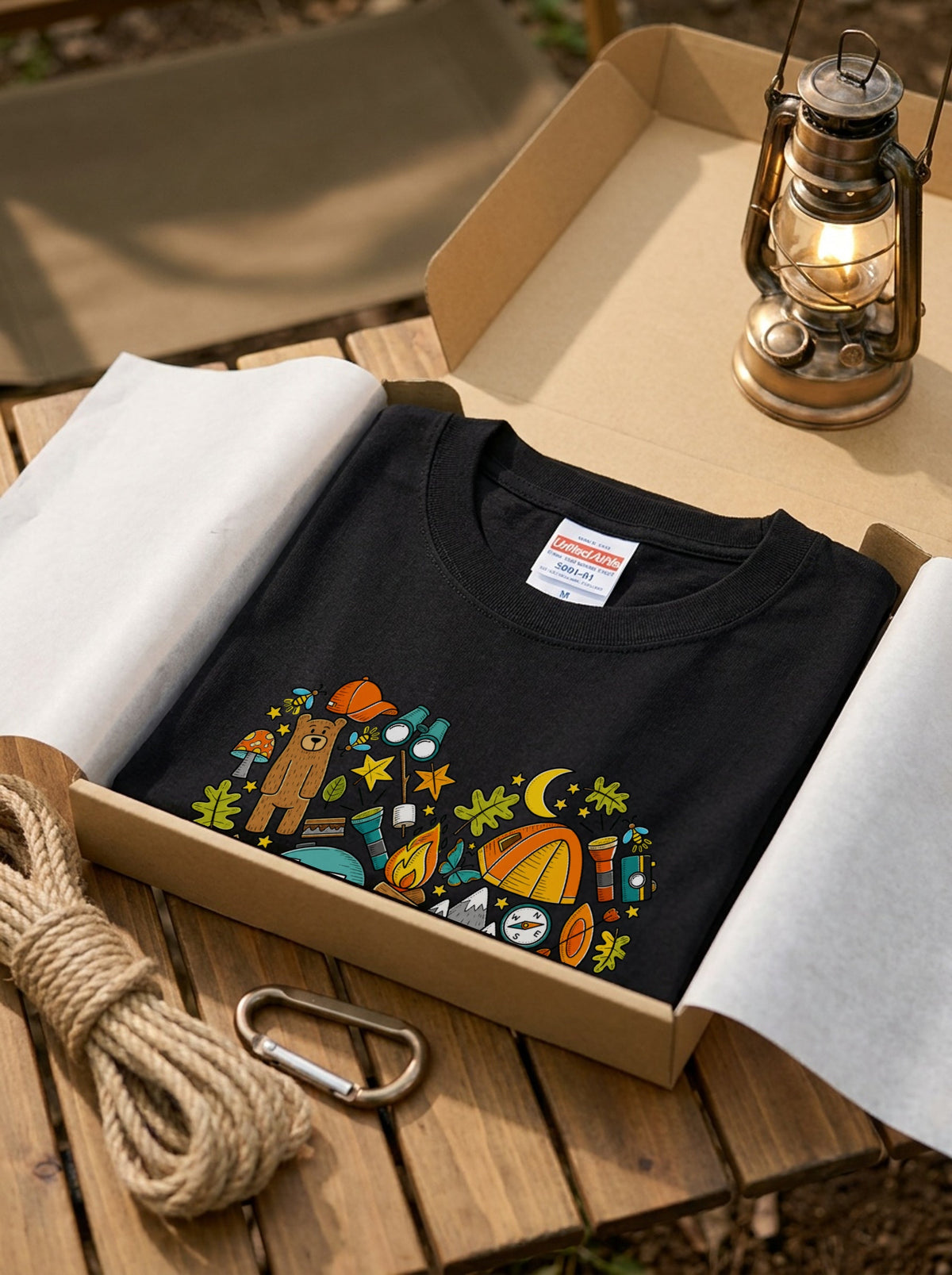 ハート型 キャンプ イラスト Tシャツ - かわいい 登山 アウトドア アイテム ハートデザイン 服