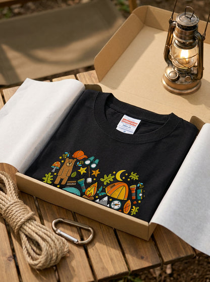 ハート型 キャンプ イラスト Tシャツ - かわいい 登山 アウトドア アイテム ハートデザイン 服