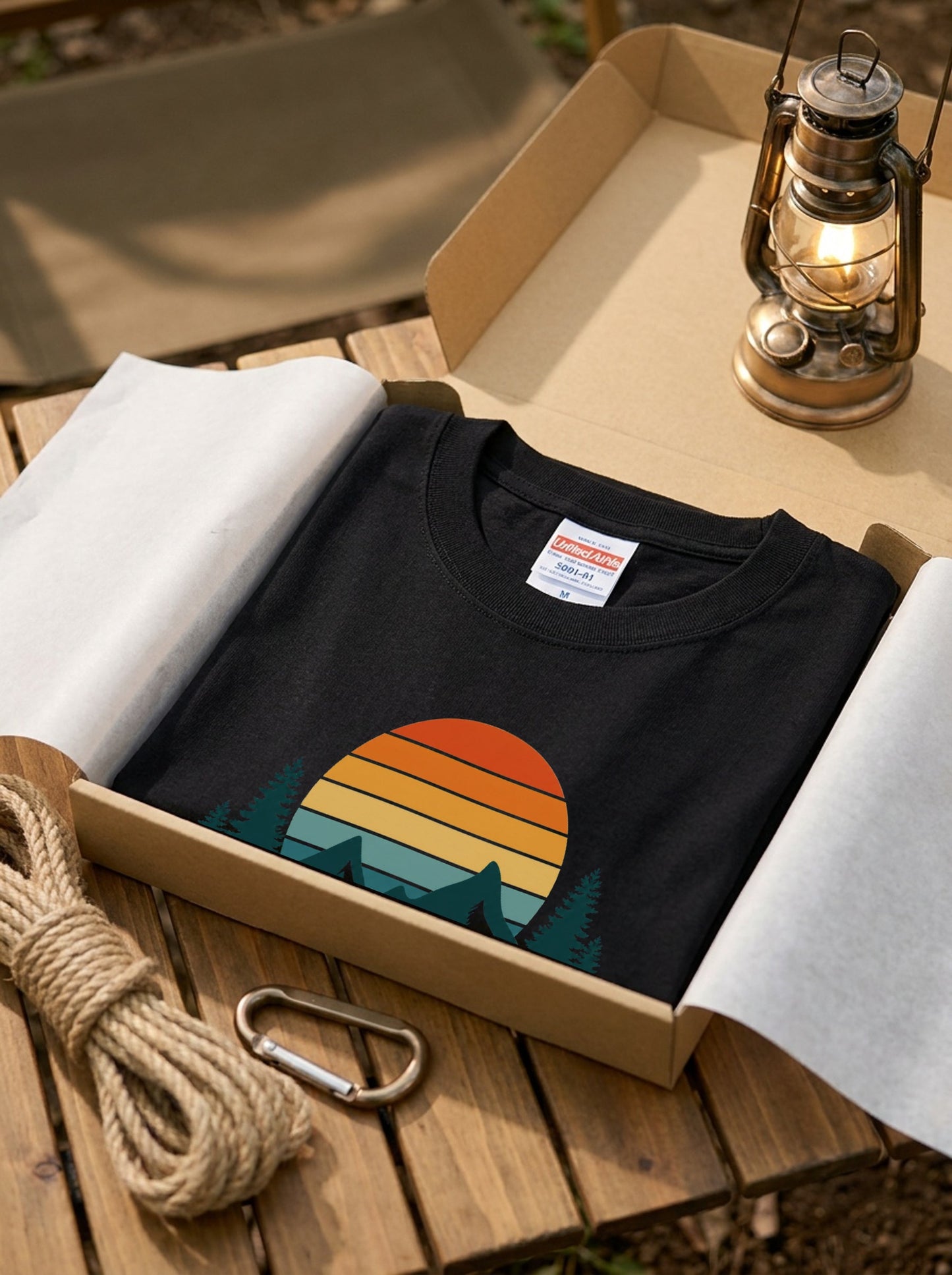 レトロ サンセット（夕日）山 Tシャツ - ヴィンテージ風 70年代 80年代 グラフィックTシャツ 登山 キャンプ 服