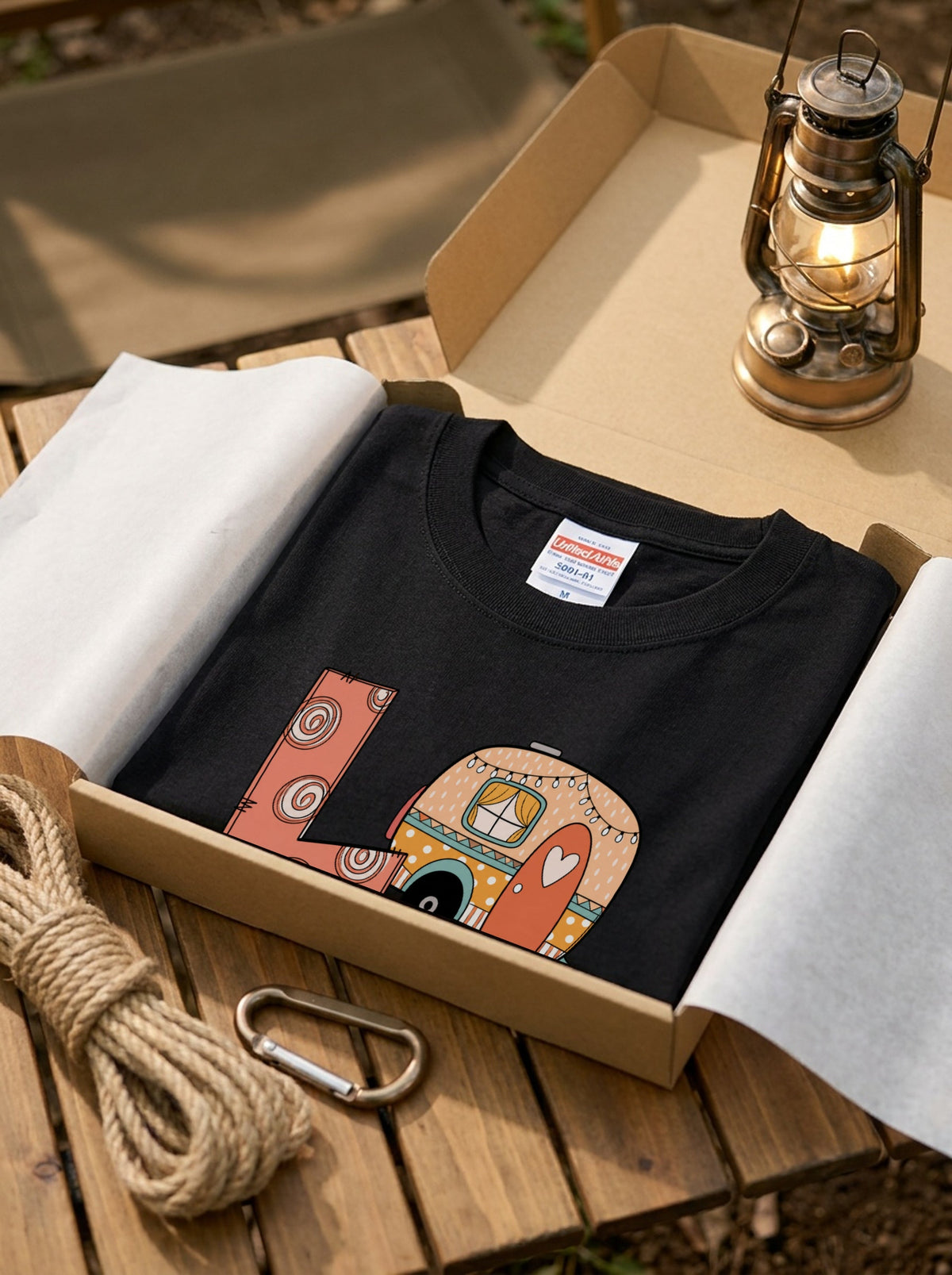 「LOVE」 キャンピング Tシャツ - かわいい レトロ キャンピングカー マシュマロ イラスト キャンプ 服