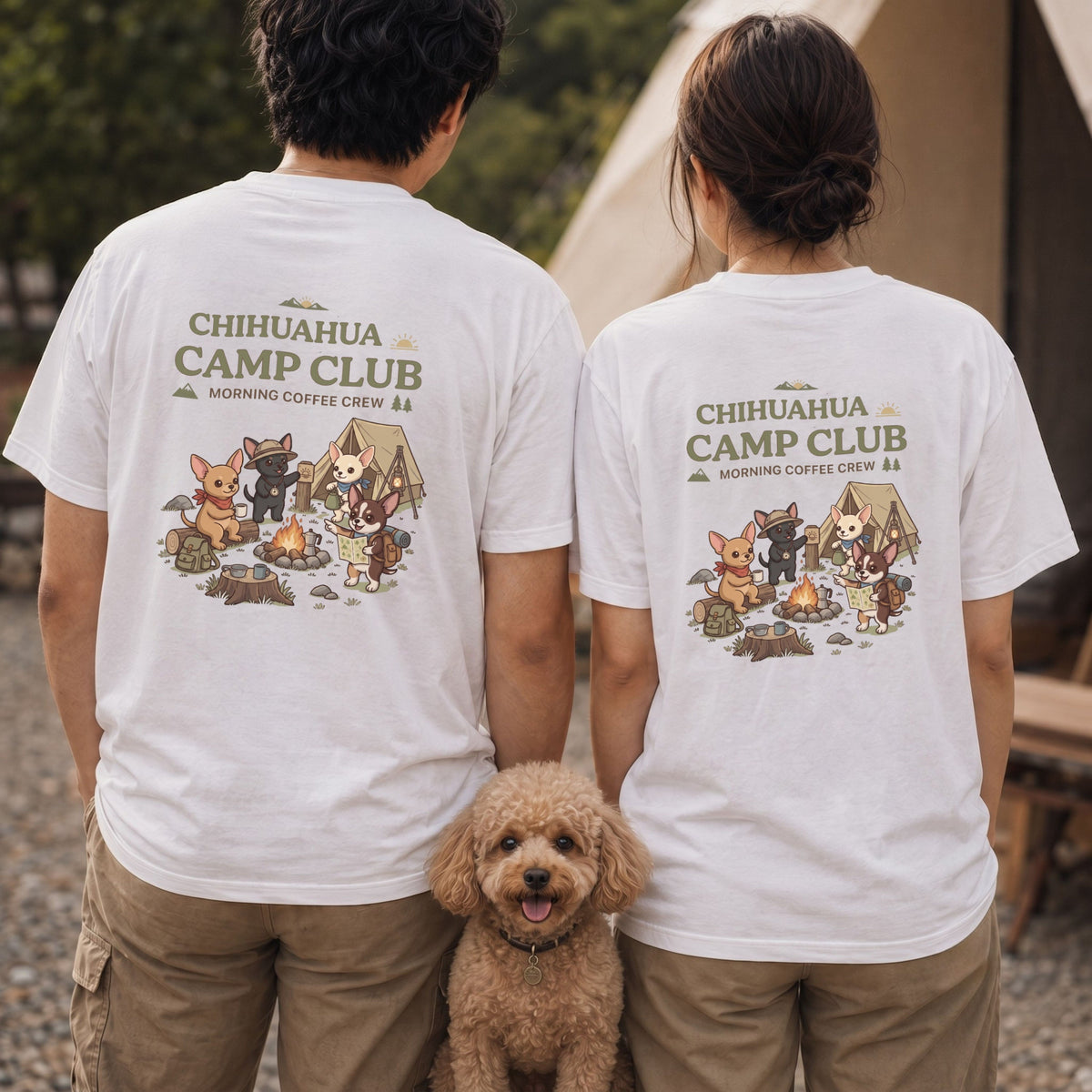 Chihuahua Camp Club Morning Coffee Crew Back Print T-Shirt - CampModeGear - Product image 1