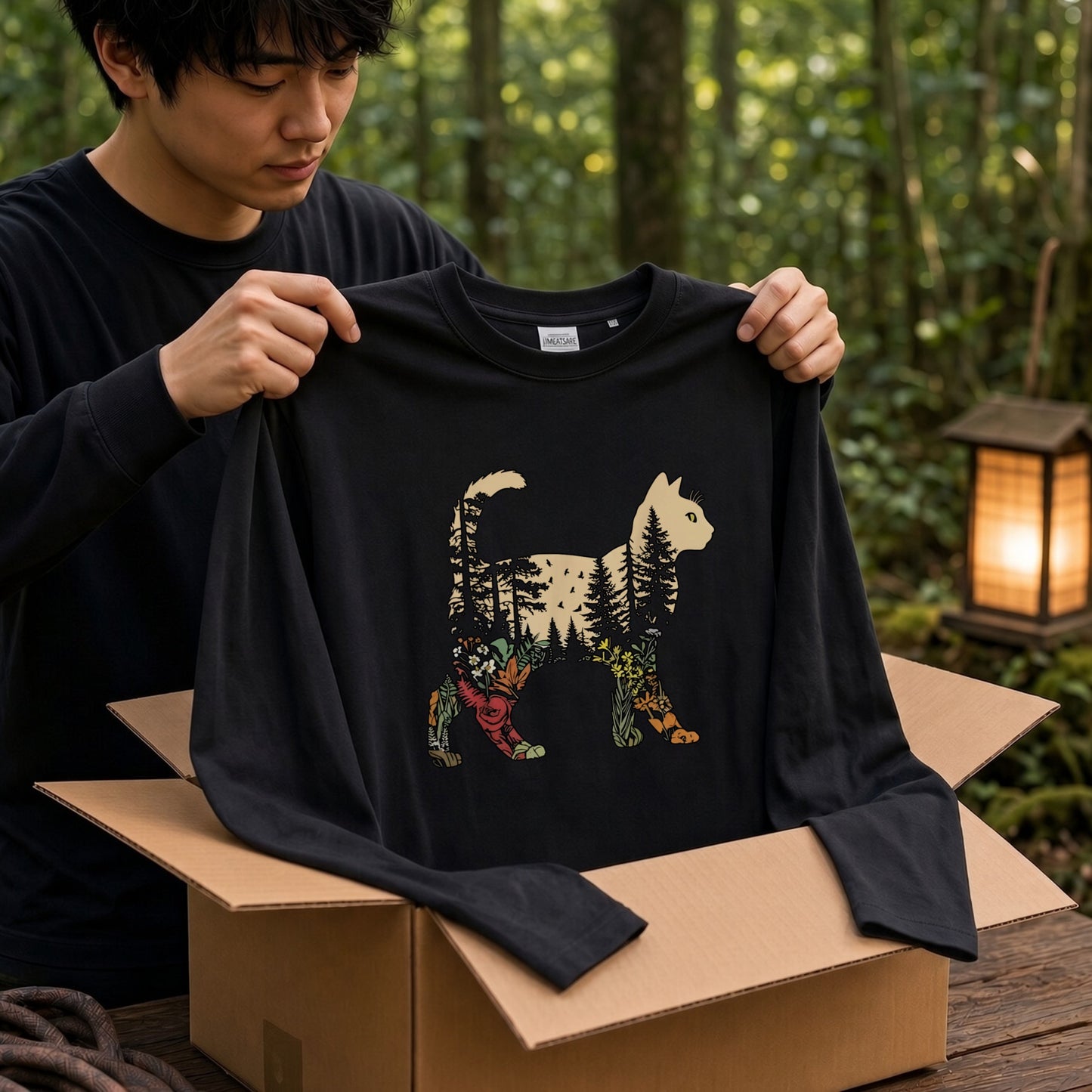 FOREST CAT ロンT | レトロ ボタニカルキャット アートグラフィック 長袖 カジュアル Tシャツ【猫ファッション・普段着・ルームウェア・ユニセックス・ギフトに最適】