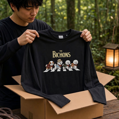 THE BICHONS ビションフリーゼ散歩デザイン ブラック長袖Tシャツ