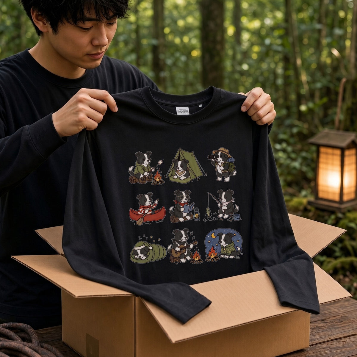 BORDER COLLIE CAMP | 手描き風 ボーダーコリー キャンプギア かわいい グラフィック 長袖Tシャツ【犬雑貨・秋キャンプ・ルームウェア・ギフトに最適】