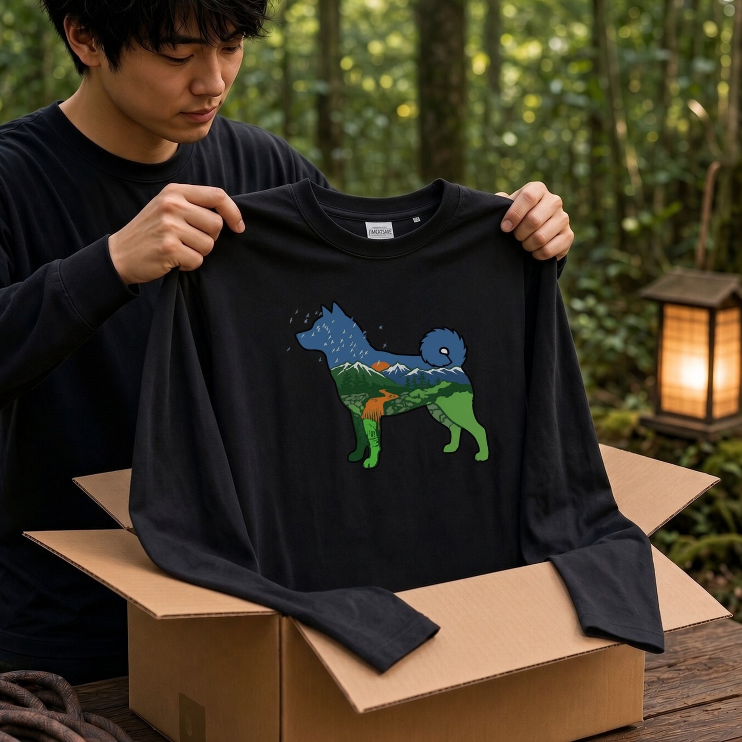 NATURE DOG ロンT | 日本犬シルエット 山と森 アートグラフィック 長袖 カジュアル Tシャツ【ドッグウェア・普段着・ルームウェア・ユニセックス・ギフトに最適】