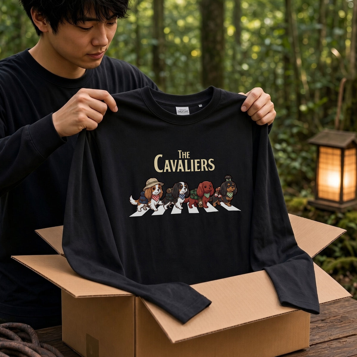 THE CAVALIERS キャバリア散歩デザイン ブラック長袖Tシャツ